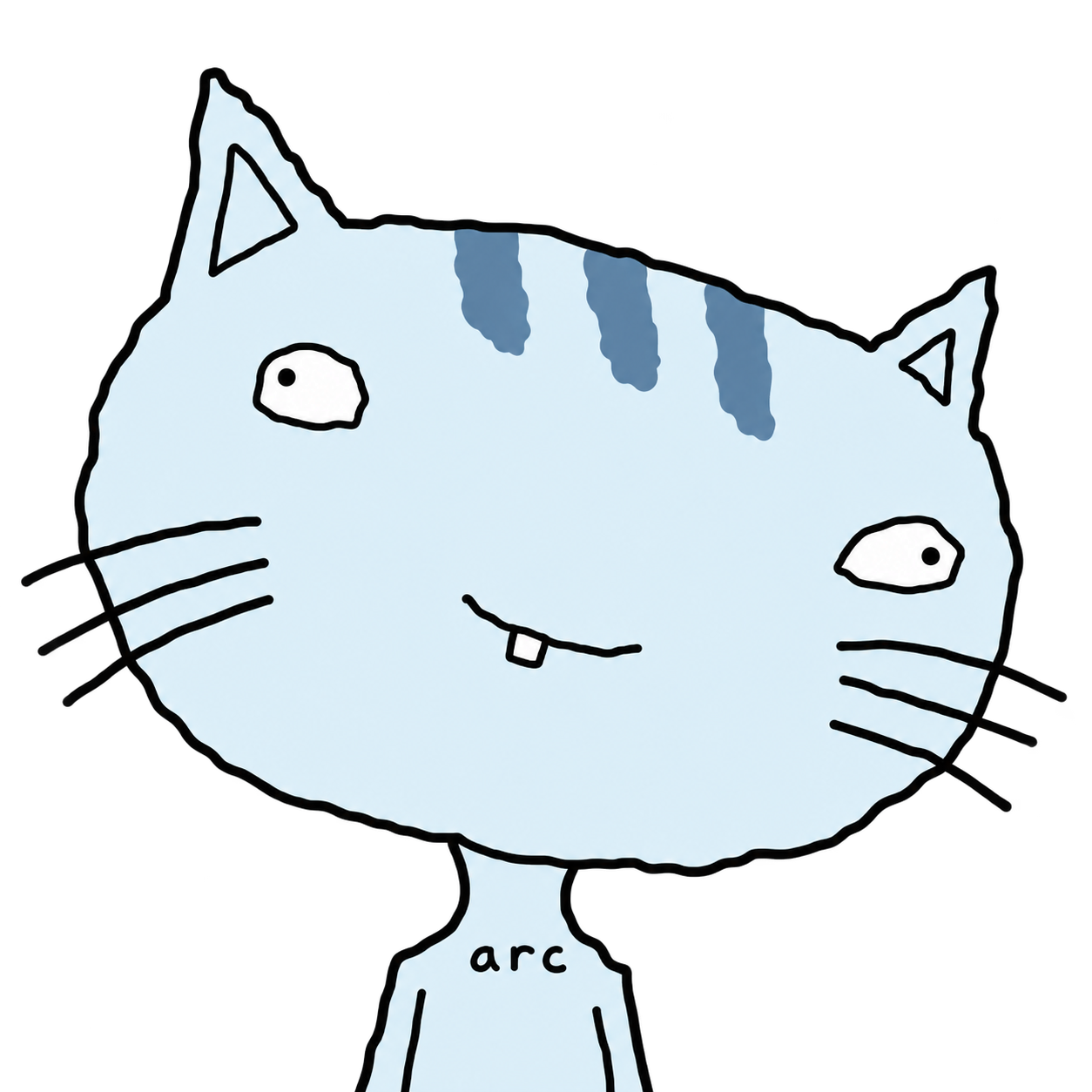 ARC, an icy-white crooked cat with tiny uneven eyes, one tooth and a skinny body